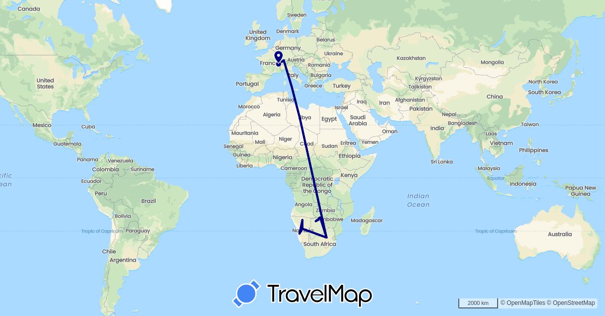 TravelMap itinerary: driving in Botswana, Switzerland, Namibia, South Africa, Zimbabwe (Africa, Europe)